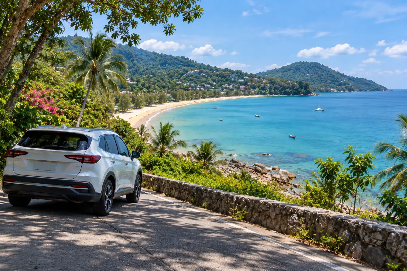 Generated illustration: Kamala Beach by Car: Road, Parking and Best Time, Phuket