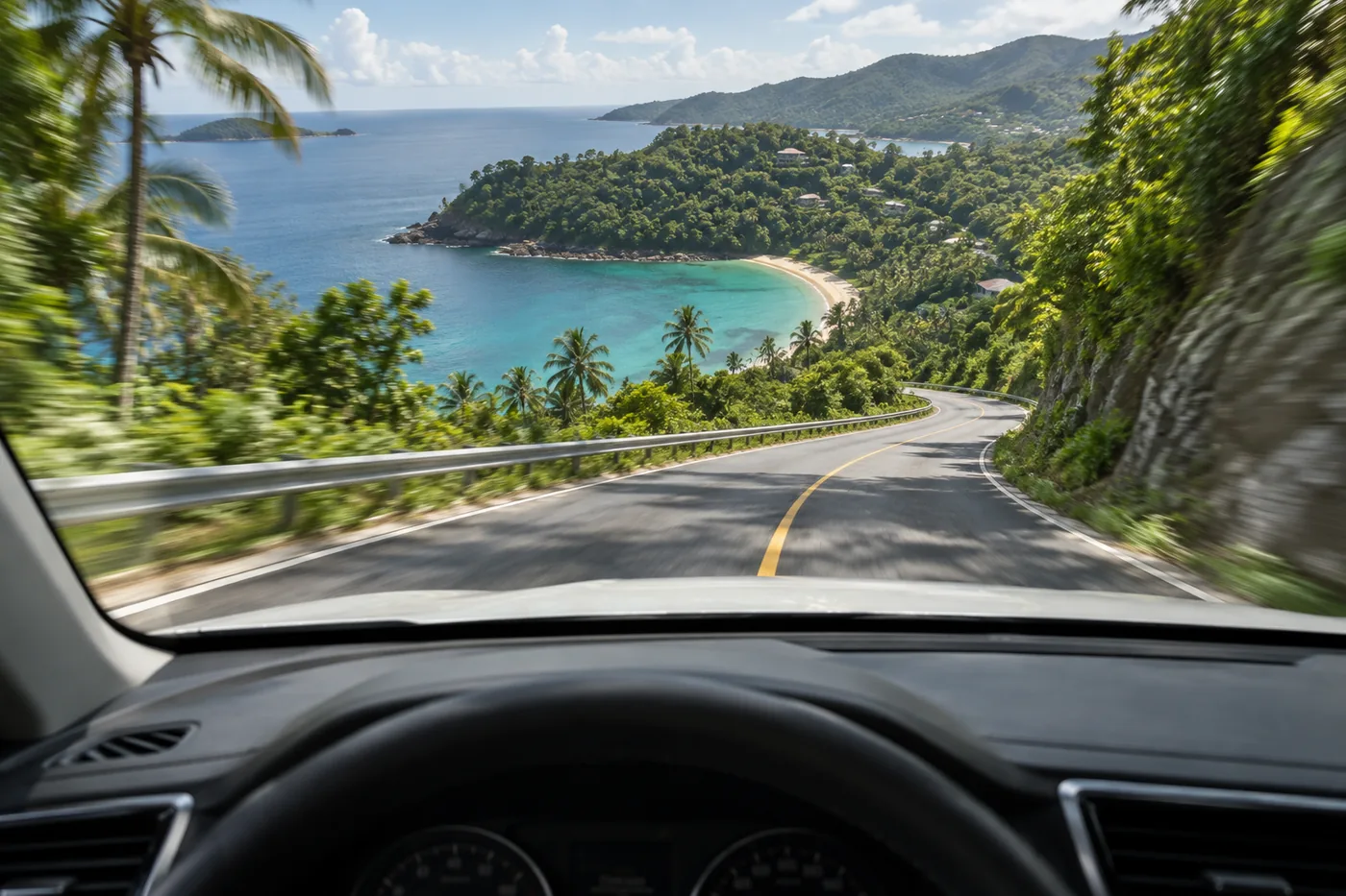 Generated illustration: road towards Nai Harn, Phuket